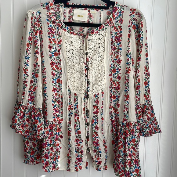 Maeve Anthropologie Hiver Floral Peasant Blouse Crochet Pleated Buttons Size 10 - Picture 2 of 16